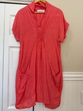 Washed Coral V-Neck Linen Tunic with Gathered Front